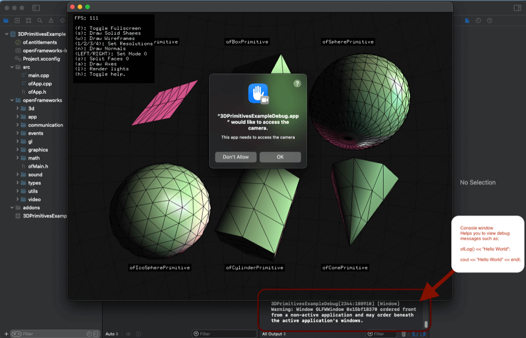 example running in a window in front of xcode